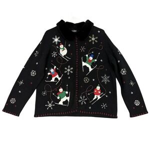 Designers Originals Studio Joy Cardigan Women Large Black Snowman Skiing Ugly‎